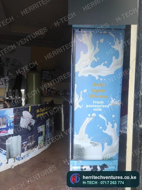 A branded milk ATM in a customer's shop, May 2022