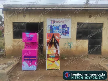 A liquid soap ATM and a cooking oil ATM outside our workshop, July 2022
