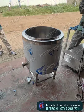The pasteurizer body on its legs, outlet fitted, August 2024