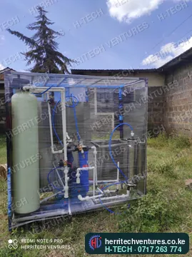 Inside the enclosure: FRP vessel, RO unit and pipework, January 2022