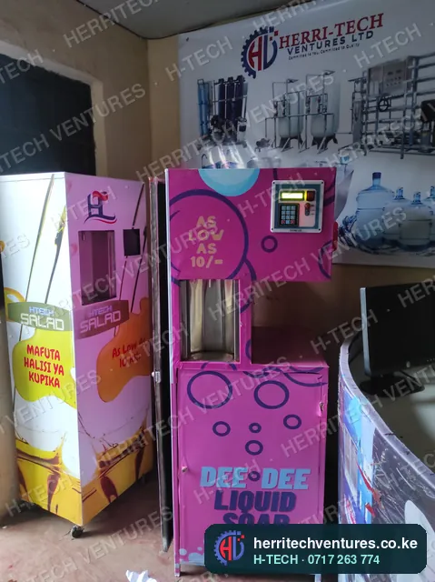 A salad oil ATM next to an H-TECH liquid soap ATM, June 2022