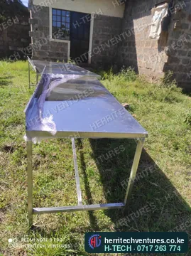 A finished stainless work table: welded frame, under-rail and top, January 2022