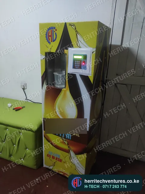 A tall branded cooking oil ATM finished in the workshop, July 2022