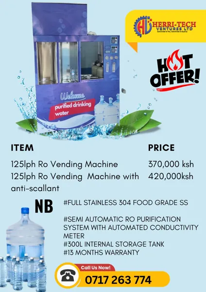 H-Tech RO Vending Station 125 LPH with Antiscalant price in Kenya